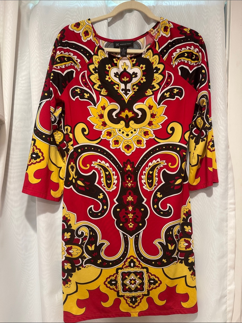 INC International Concepts Red, Yellow & Black Paisley-Print Long Sleeve Dress